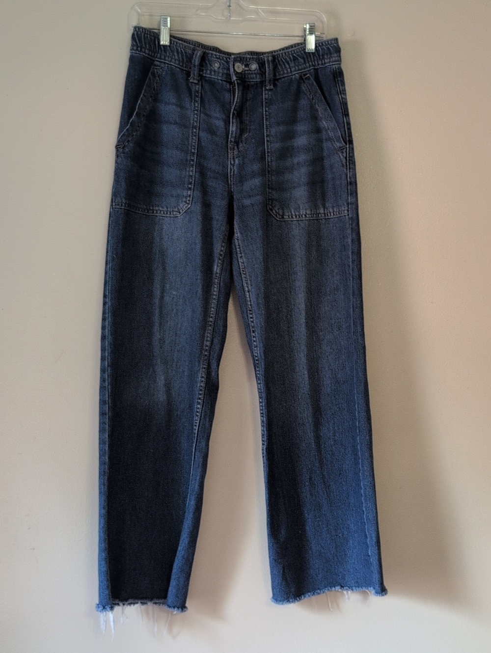 Lucky Brand Dark Blue Wide Leg  Raw Hem Elastic in waist Jeans Size XS Loose Fit